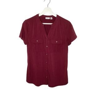 Croft & Barrow Burgundy Black Polka Dot Short Sleeve Button Down Blouse Top